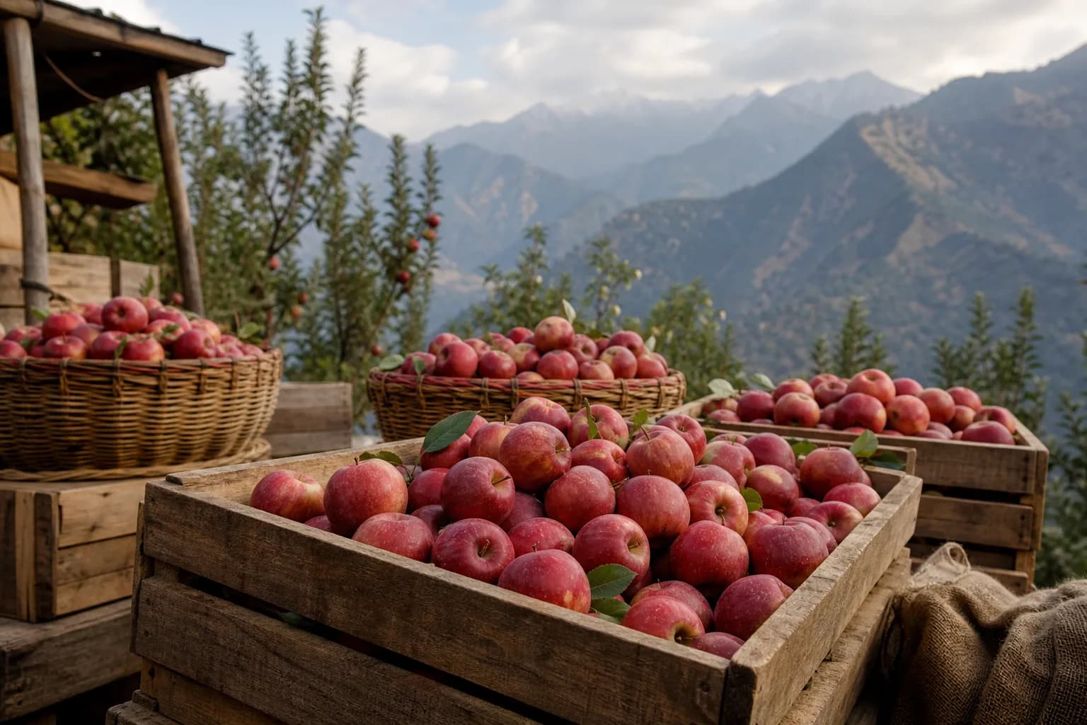 Freshly harvested Himalayan apples in wooden crates